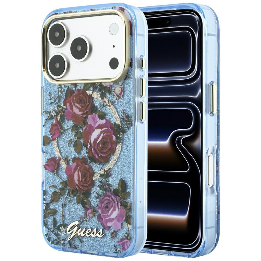 Guess iPhone 17 Pro Max/iPhone 18 Pro Max Kuori Glitter Blossom Roses Sininen