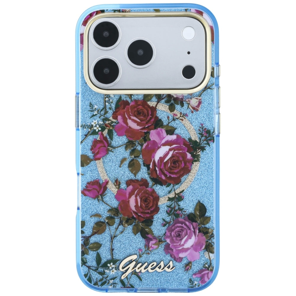 Guess iPhone 17 Pro Max/iPhone 18 Pro Max Kuori Glitter Blossom Roses Sininen