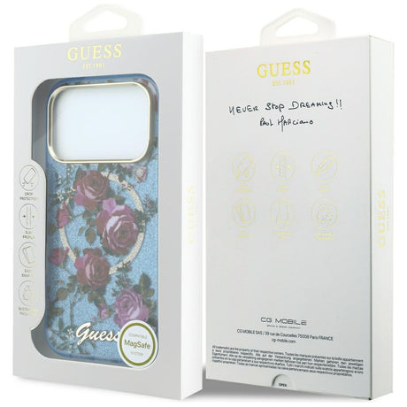 Guess iPhone 17 Pro Max/iPhone 18 Pro Max Kuori Glitter Blossom Roses Sininen