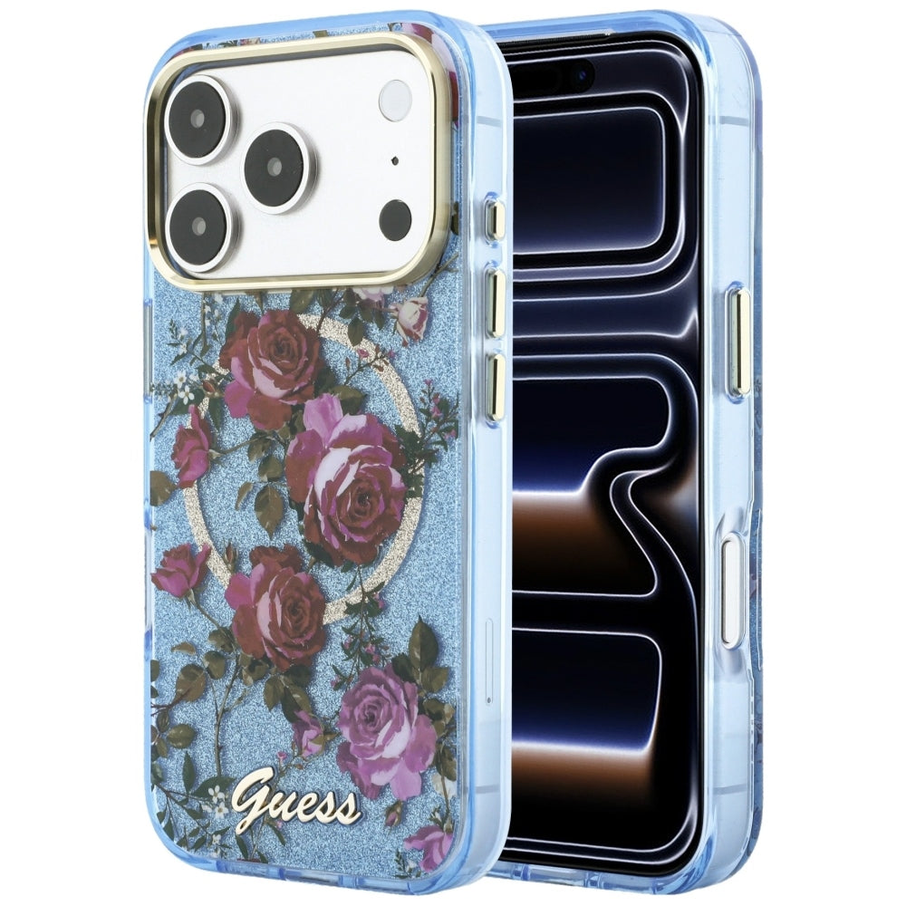 Guess iPhone 17 Pro/iPhone 18 Pro Kuori Glitter Blossom Roses Sininen