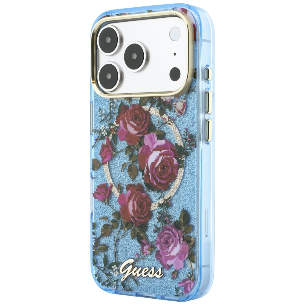Guess iPhone 17 Pro/iPhone 18 Pro Kuori Glitter Blossom Roses Sininen