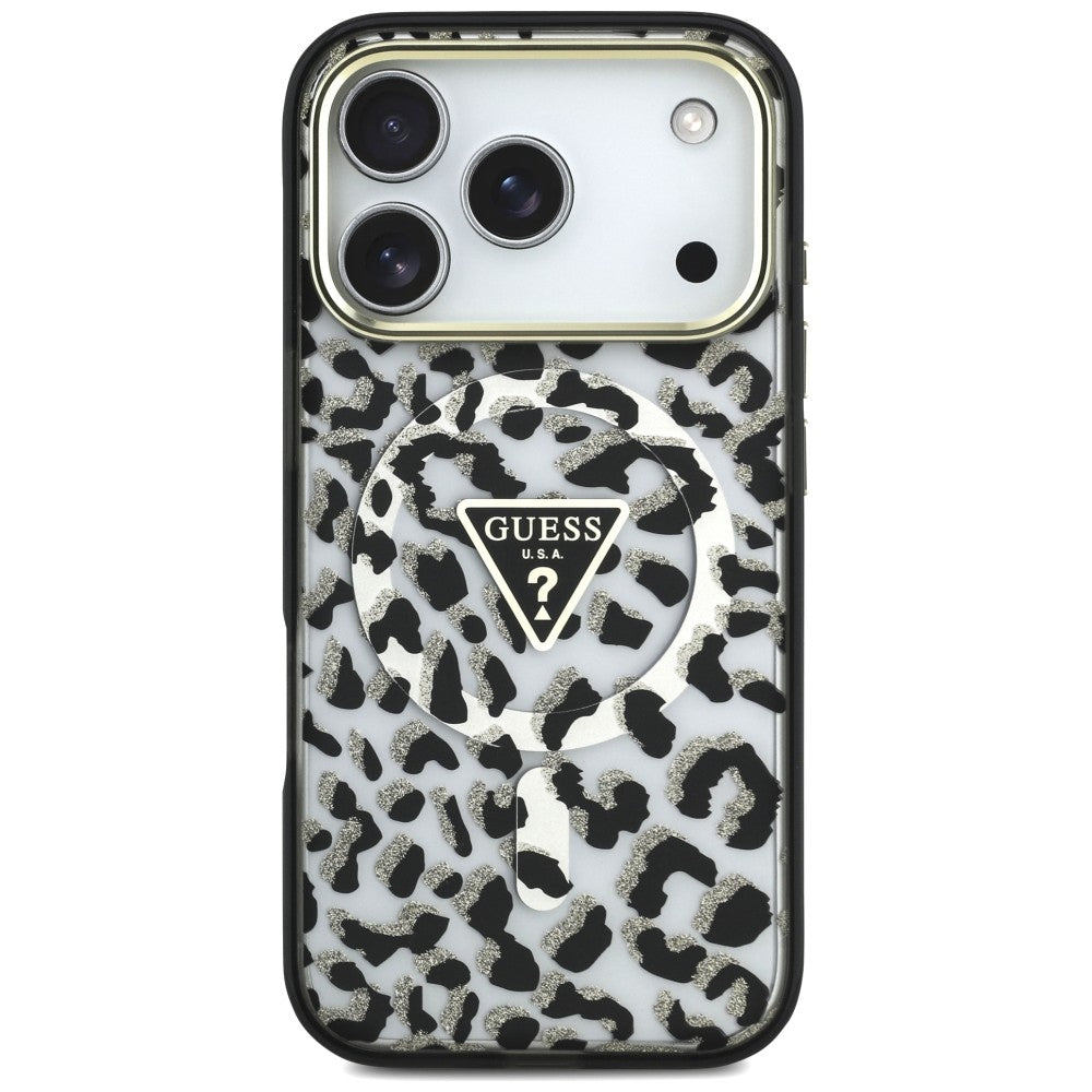 Guess iPhone 17 Pro/iPhone 18 Pro Kuori Leopard Glitter Musta