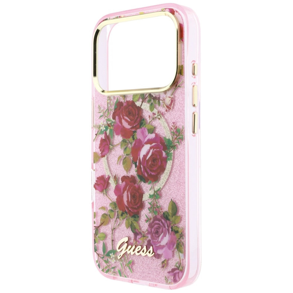 Guess iPhone 17 Pro/iPhone 18 Pro Kuori Glitter Blossom Roses Vaaleanpunainen