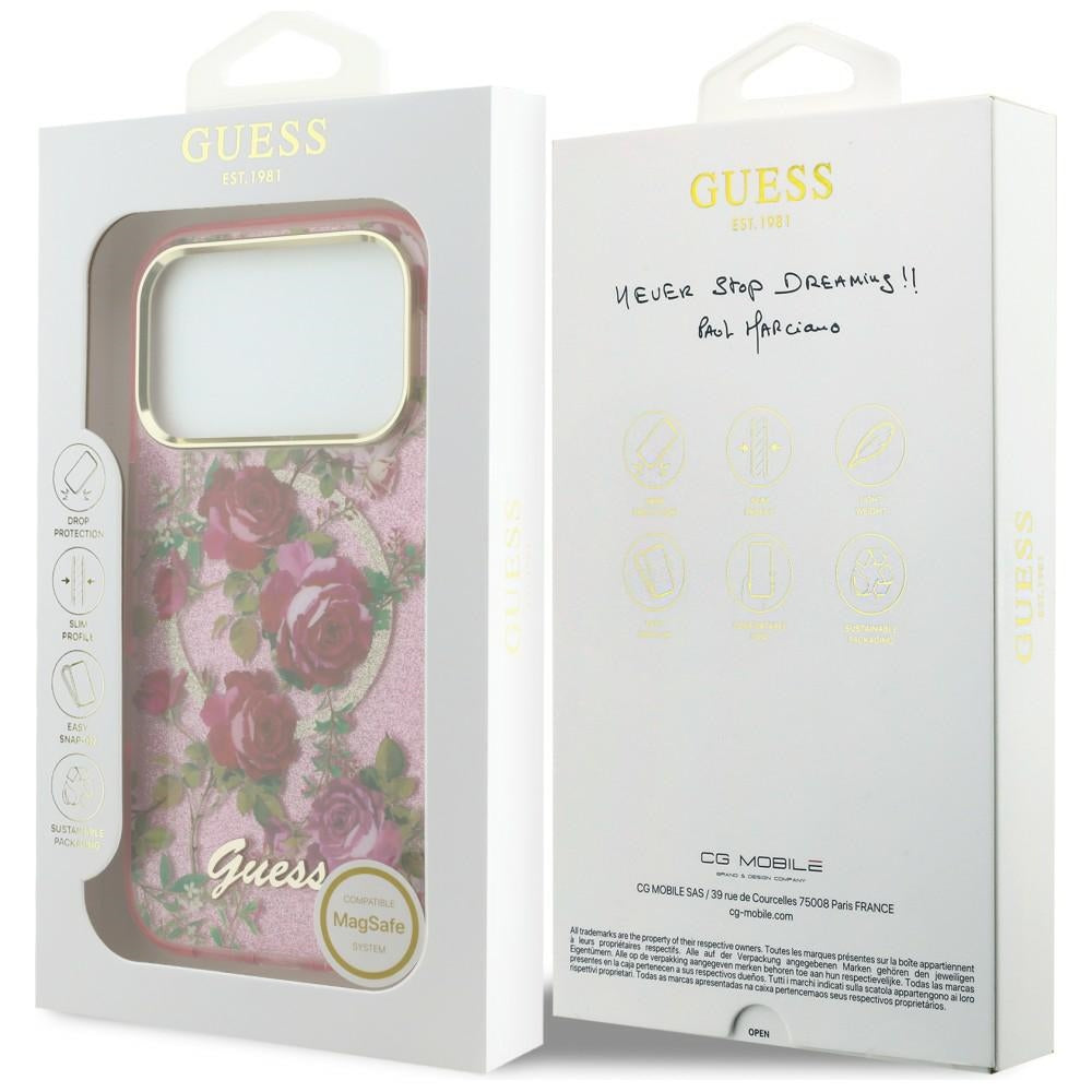 Guess iPhone 17 Pro/iPhone 18 Pro Kuori Glitter Blossom Roses Vaaleanpunainen