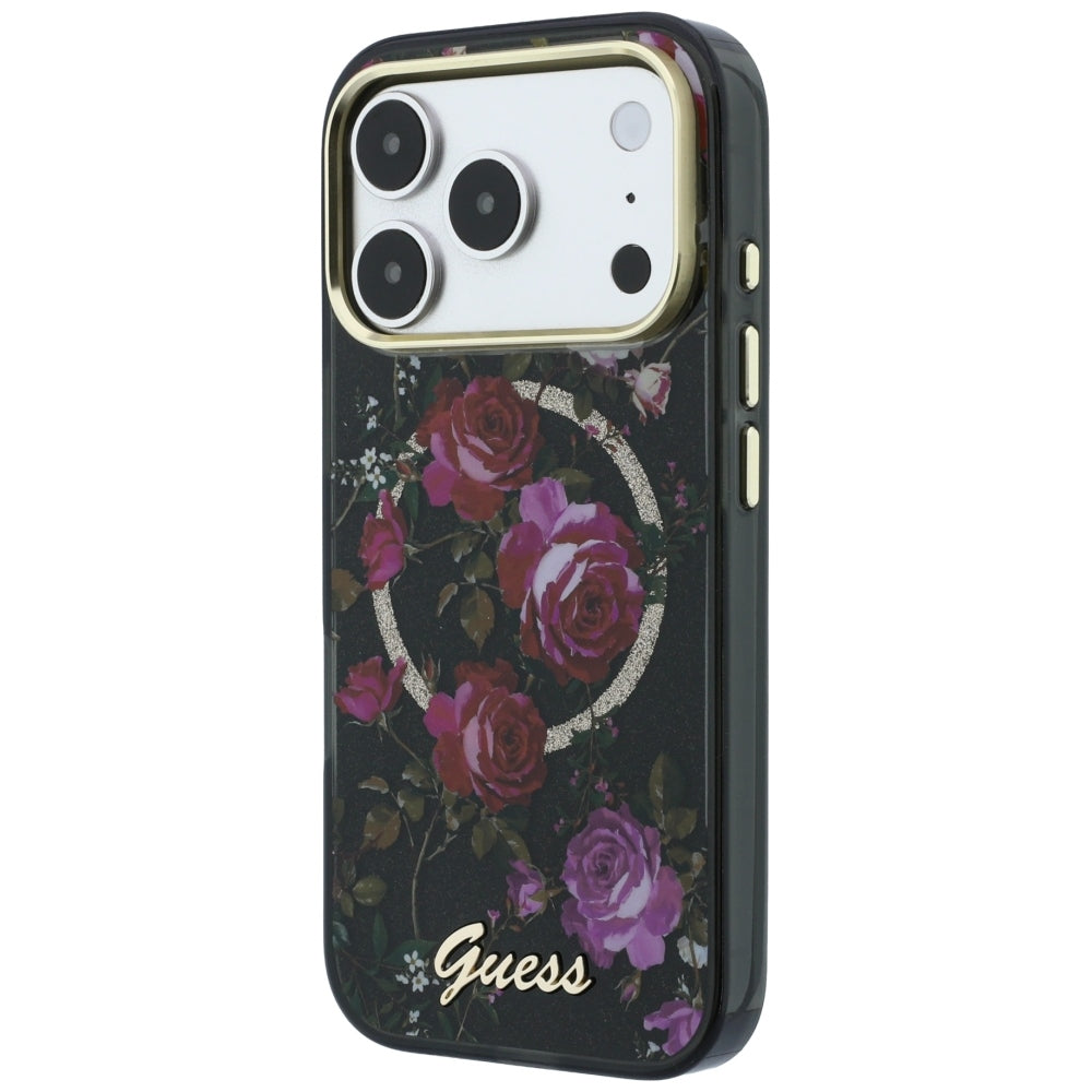 Guess iPhone 17 Pro/iPhone 18 Pro Kuori Glitter Blossom Roses Musta