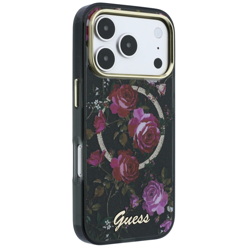 Guess iPhone 17 Pro/iPhone 18 Pro Kuori Glitter Blossom Roses Musta