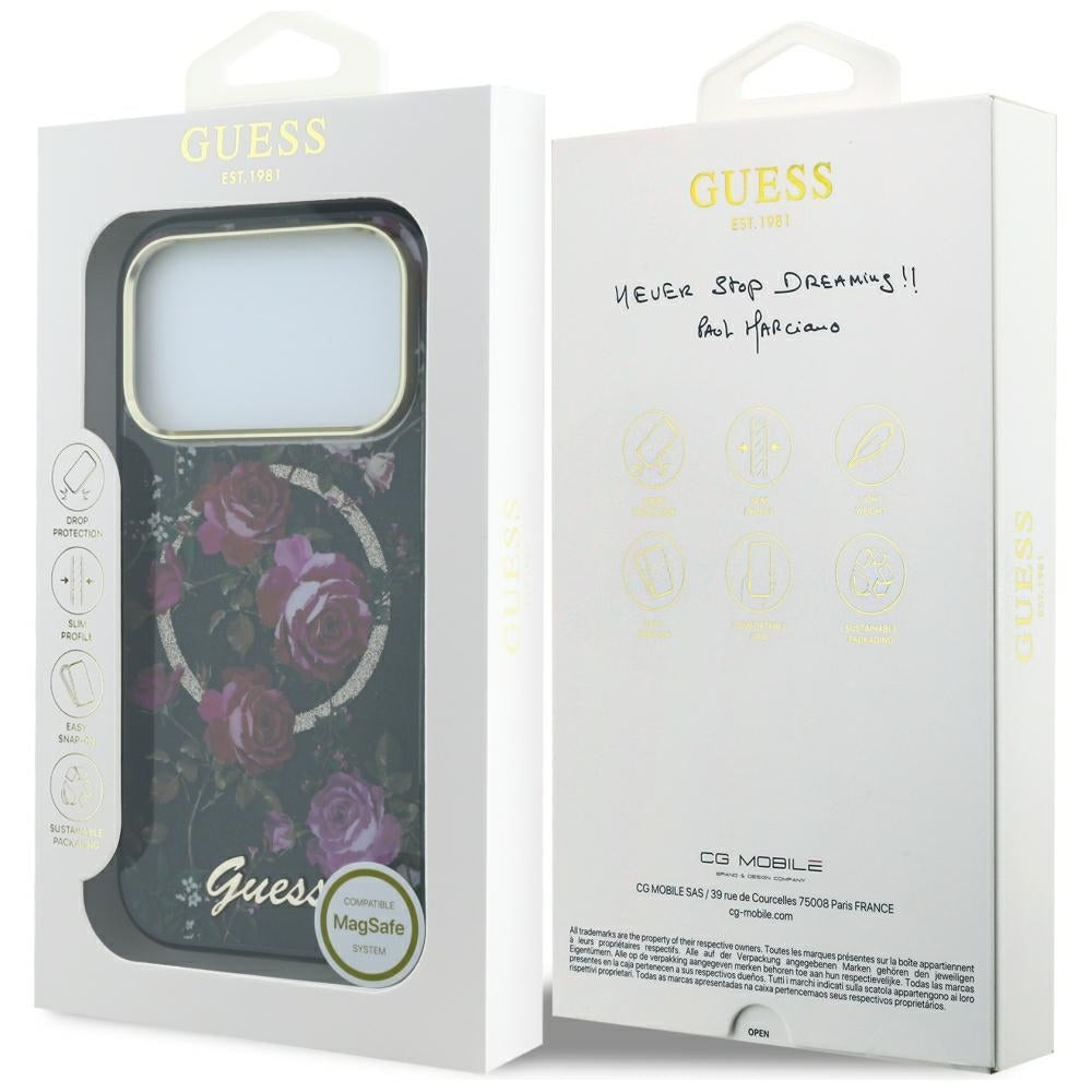 Guess iPhone 17 Pro/iPhone 18 Pro Kuori Glitter Blossom Roses Musta