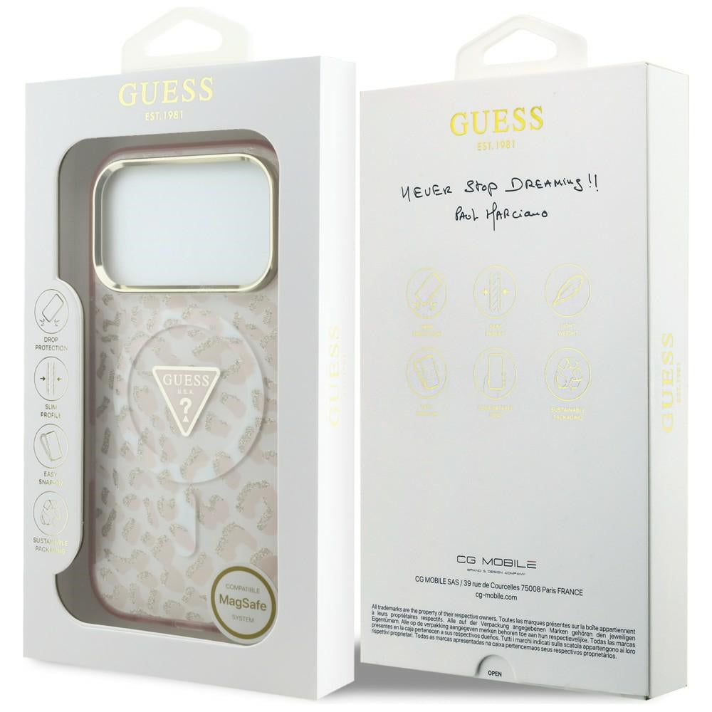 Guess iPhone 17 Pro/iPhone 18 Pro Kuori Leopard Glitter Vaaleanpunainen