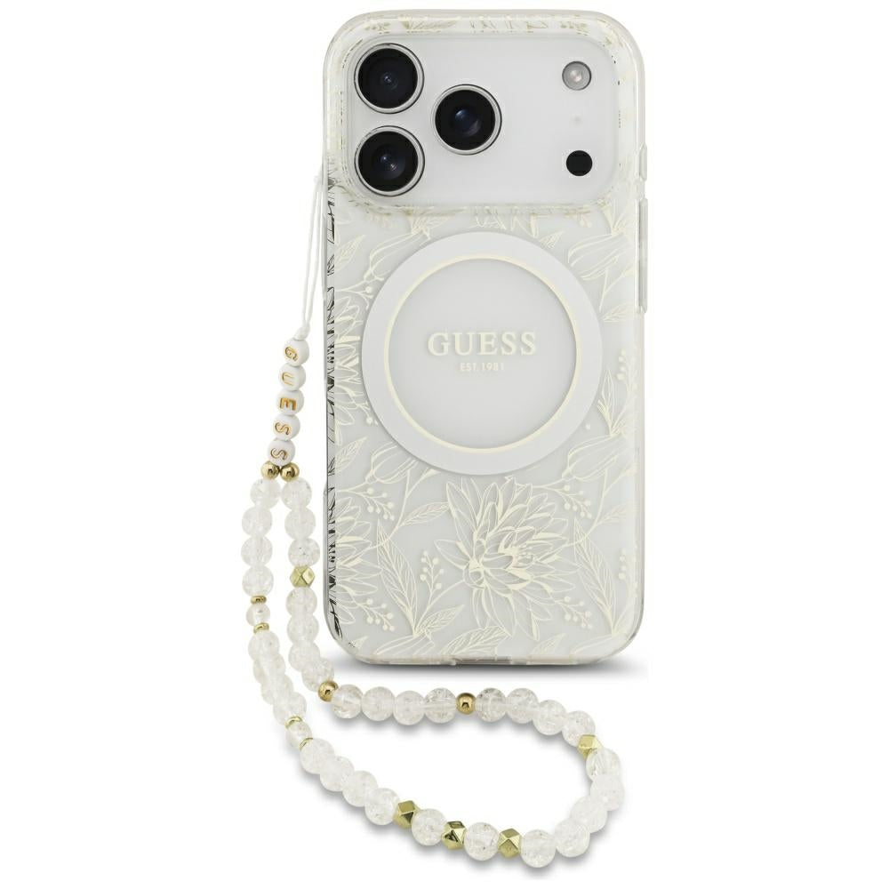 Guess iPhone 17 Pro/iPhone 18 Pro Kuori Electroplated Flowers Pearl Strap Valkoinen
