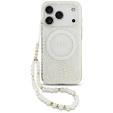 Guess iPhone 17 Pro/iPhone 18 Pro Kuori Electroplated Flowers Pearl Strap Valkoinen