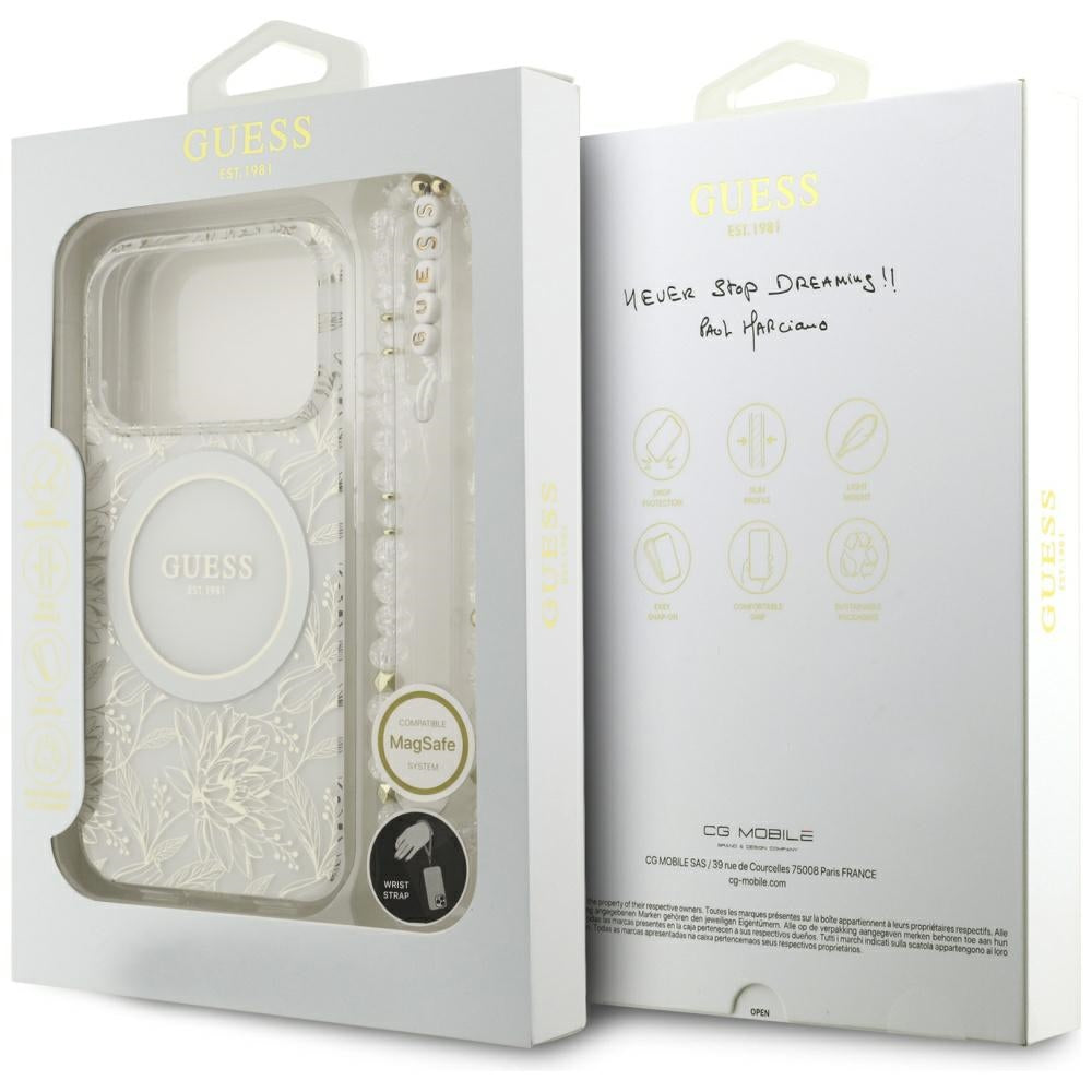 Guess iPhone 17 Pro/iPhone 18 Pro Kuori Electroplated Flowers Pearl Strap Valkoinen