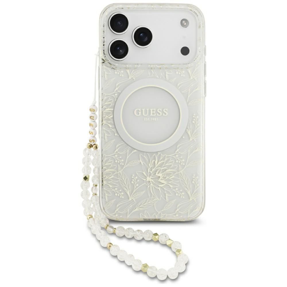 Guess iPhone 17 Pro Max/iPhone 18 Pro Max Kuori sähköpinnoitetuilla kukilla, helmiäisellä hihnalla, Valkoinen