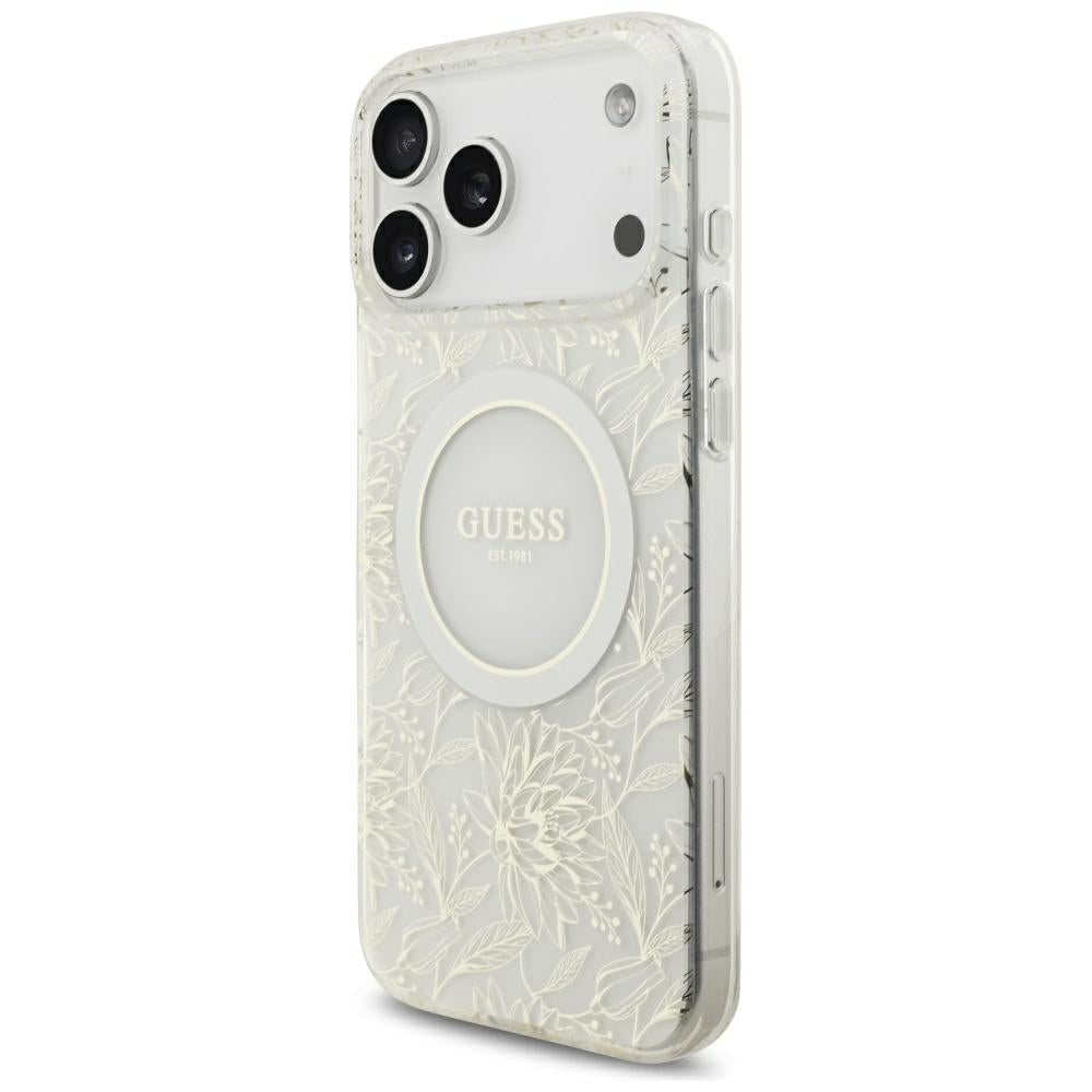 Guess iPhone 17 Pro Max/iPhone 18 Pro Max Kuori sähköpinnoitetuilla kukilla, helmiäisellä hihnalla, Valkoinen
