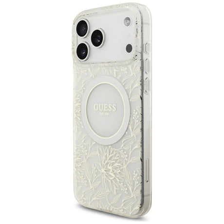 Guess iPhone 17 Pro Max/iPhone 18 Pro Max Kuori sähköpinnoitetuilla kukilla, helmiäisellä hihnalla, Valkoinen