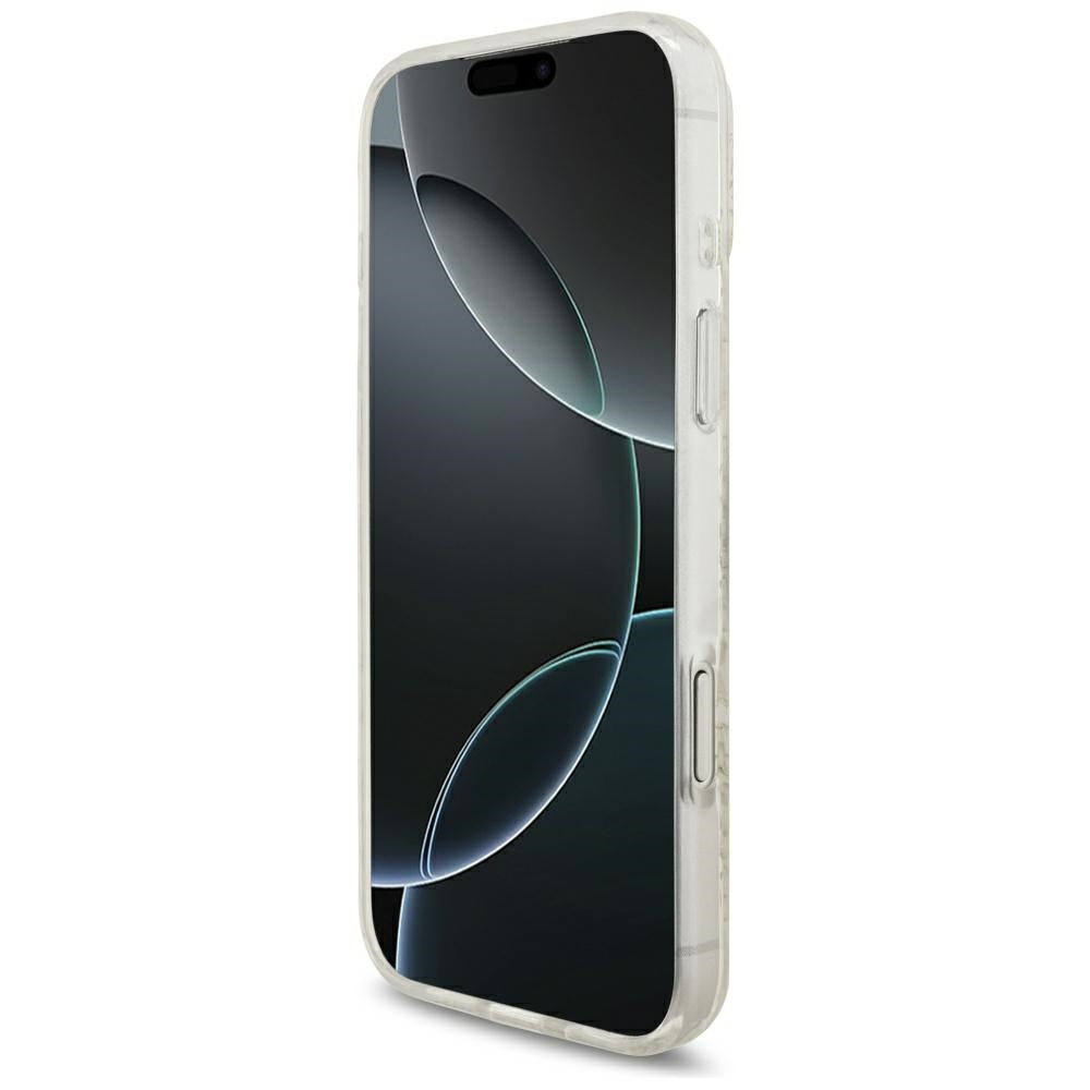 Guess iPhone 17 Pro Max/iPhone 18 Pro Max Kuori sähköpinnoitetuilla kukilla, helmiäisellä hihnalla, Valkoinen