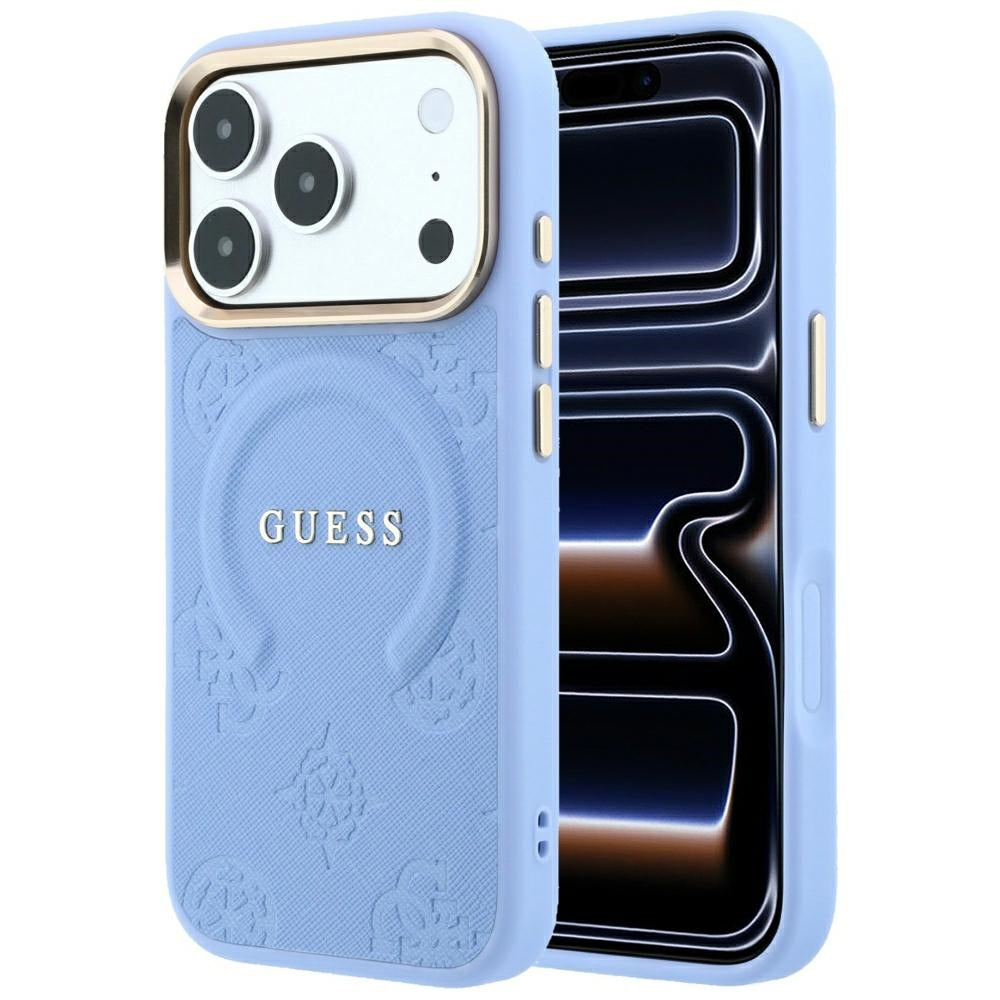 Guess iPhone 17 Pro/iPhone 18 Pro Kuori Saffiano Peony Embossed MagSafe Sininen