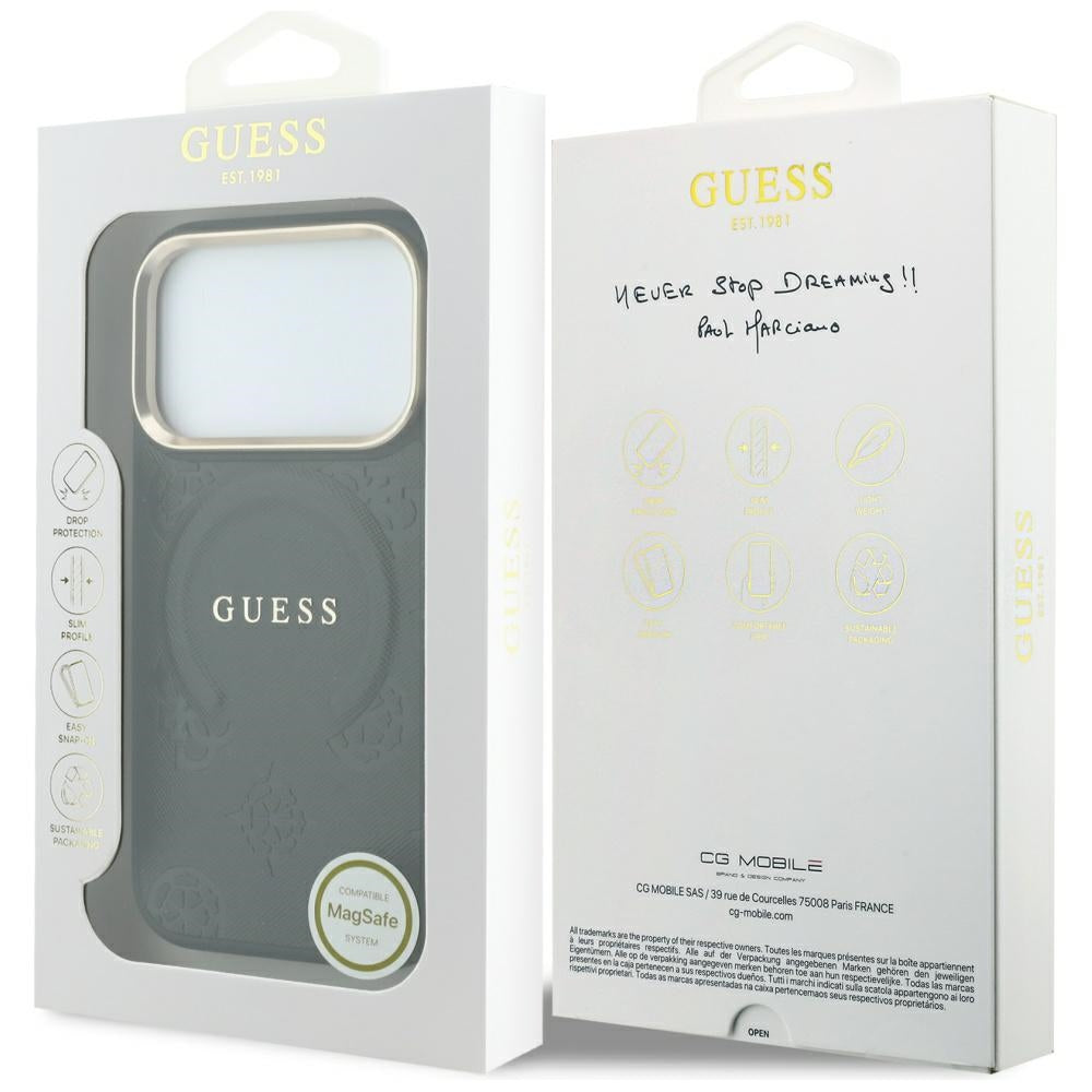 Guess iPhone 17 Pro/iPhone 18 Pro Kuori Saffiano Peony Embossed MagSafe Musta