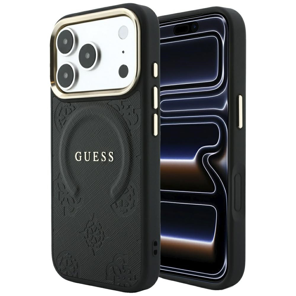 Guess iPhone 17 Pro Max/iPhone 18 Pro Max Kuori Saffiano Peony Embossed MagSafe Musta