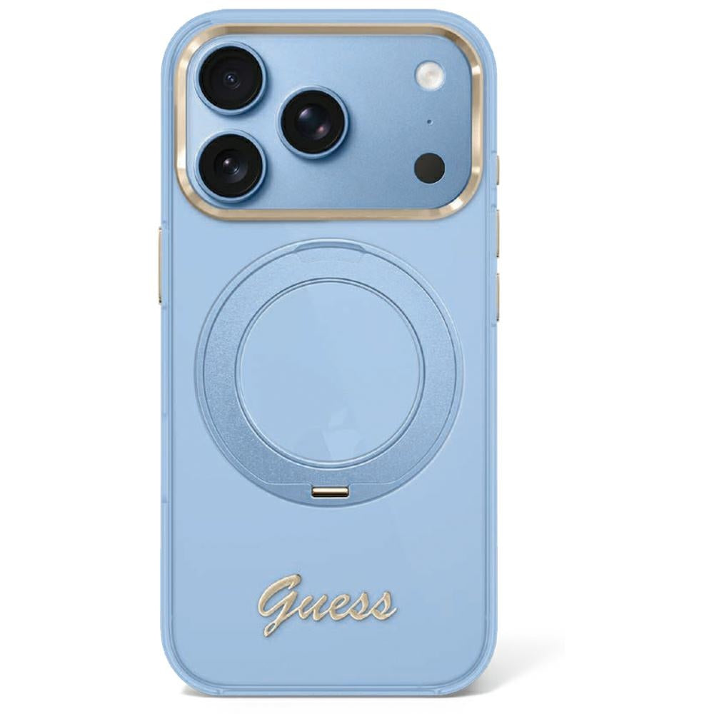 Guess iPhone 17 Pro Max/iPhone 18 Pro Max Kuori Ring Stand Script Logo Sininen