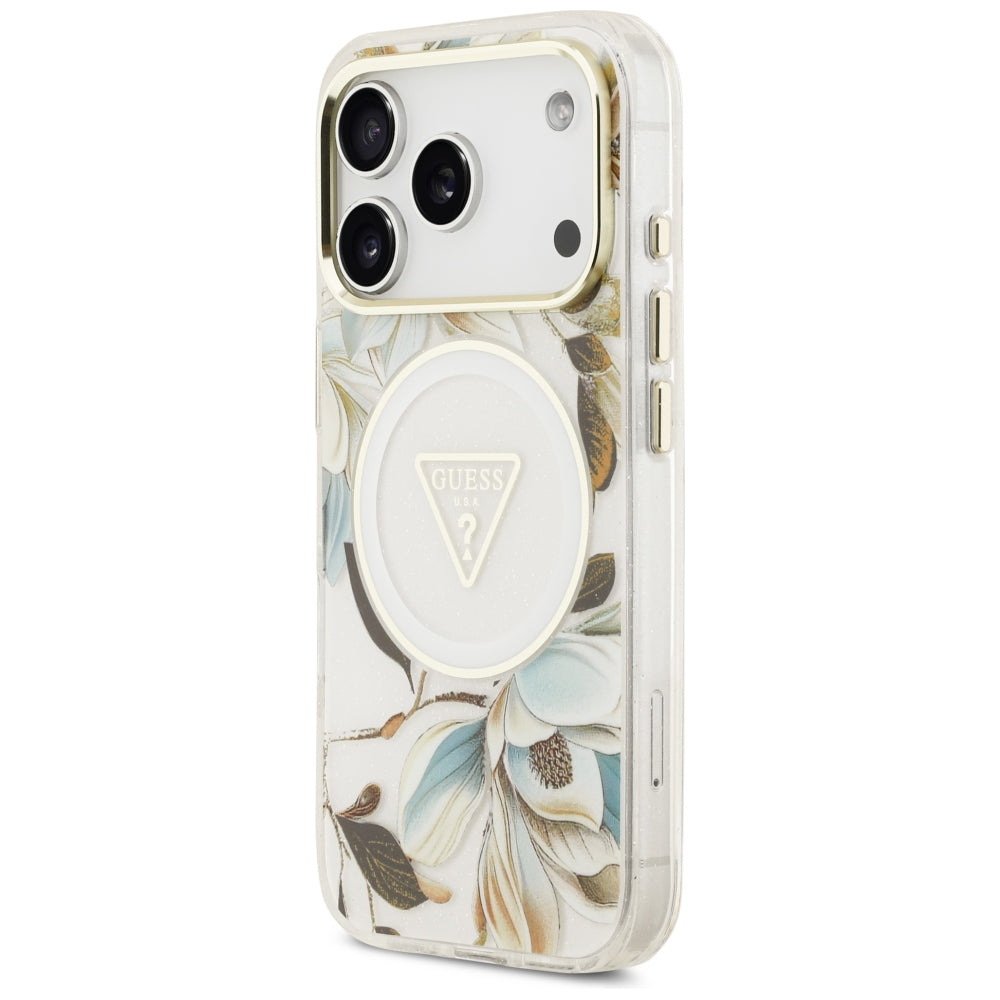 Guess iPhone 17 Pro/iPhone 18 Pro Kuori Glitter Flowers Valkoinen