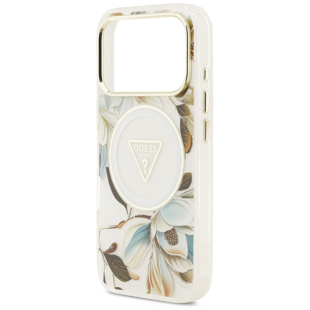 Guess iPhone 17 Pro/iPhone 18 Pro Kuori Glitter Flowers Valkoinen