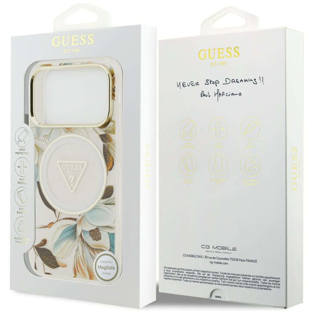 Guess iPhone 17 Pro/iPhone 18 Pro Kuori Glitter Flowers Valkoinen