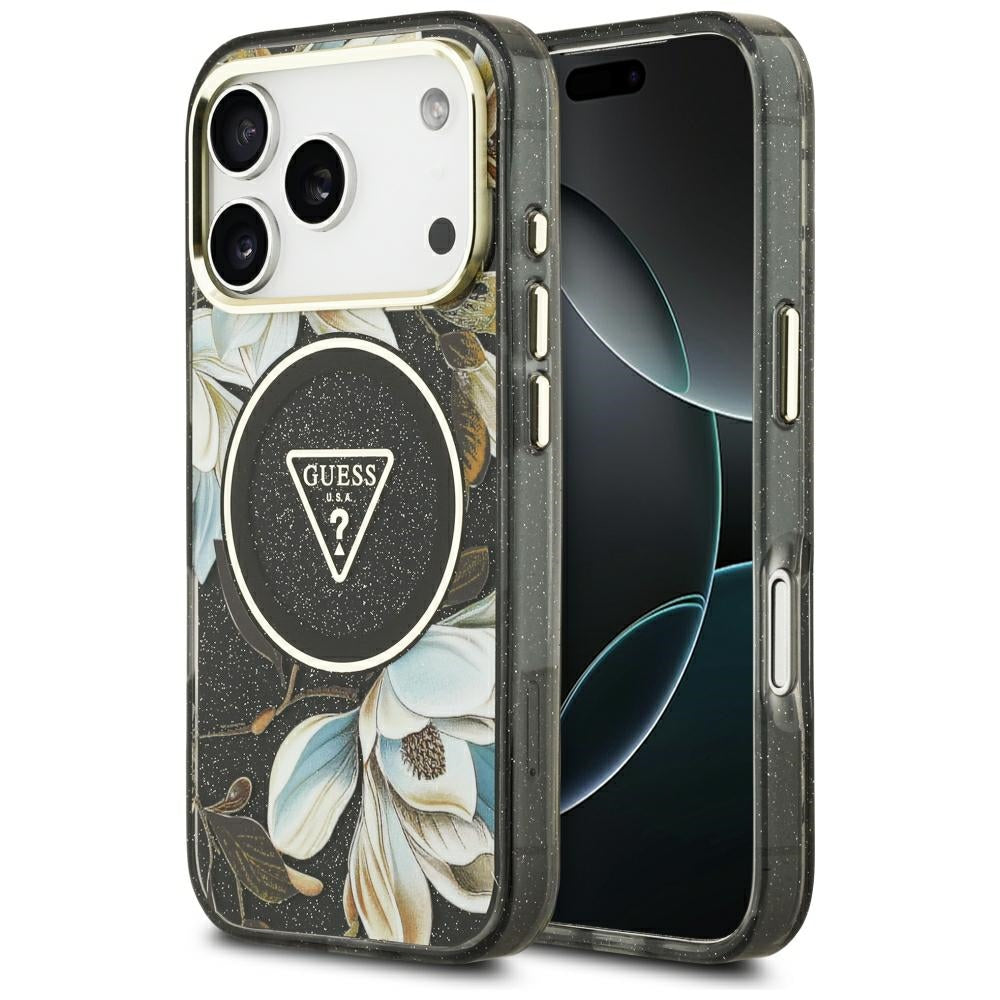 Guess iPhone 17 Pro/iPhone 18 Pro Kuori Glitter Flowers Musta