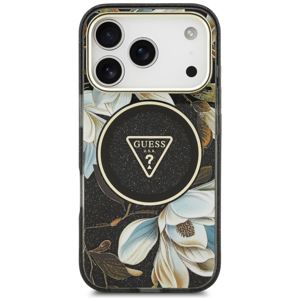 Guess iPhone 17 Pro/iPhone 18 Pro Kuori Glitter Flowers Musta