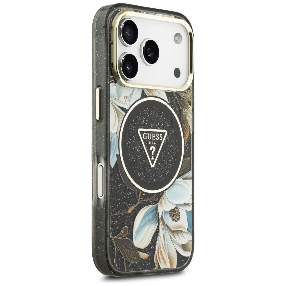 Guess iPhone 17 Pro/iPhone 18 Pro Kuori Glitter Flowers Musta