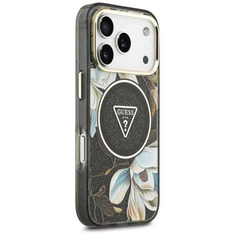 Guess iPhone 17 Pro/iPhone 18 Pro Kuori Glitter Flowers Musta