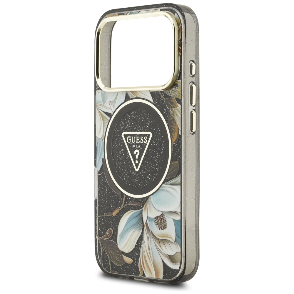 Guess iPhone 17 Pro/iPhone 18 Pro Kuori Glitter Flowers Musta