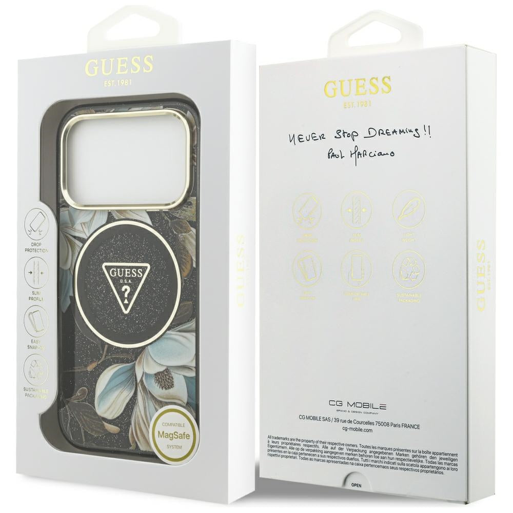 Guess iPhone 17 Pro/iPhone 18 Pro Kuori Glitter Flowers Musta