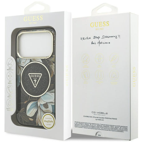 Guess iPhone 17 Pro/iPhone 18 Pro Kuori Glitter Flowers Musta