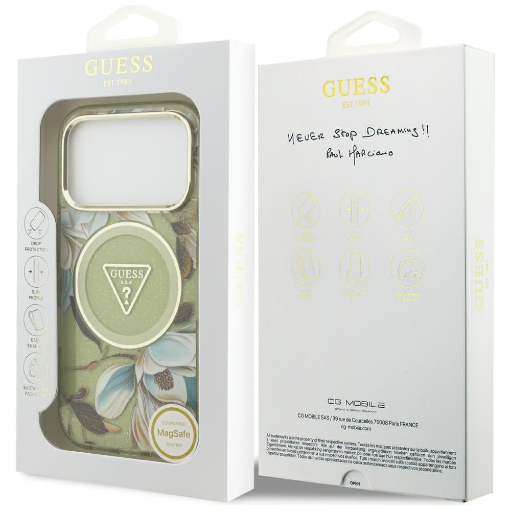 Guess iPhone 17 Pro/iPhone 18 Pro Kuori Glitter Flowers Vihreä