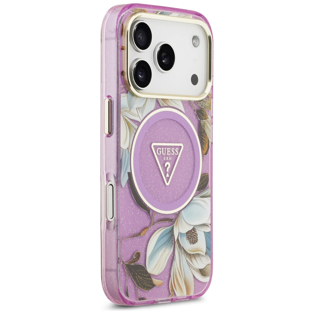 Guess iPhone 17 Pro/iPhone 18 Pro Kuori Glitter Flowers Violetti
