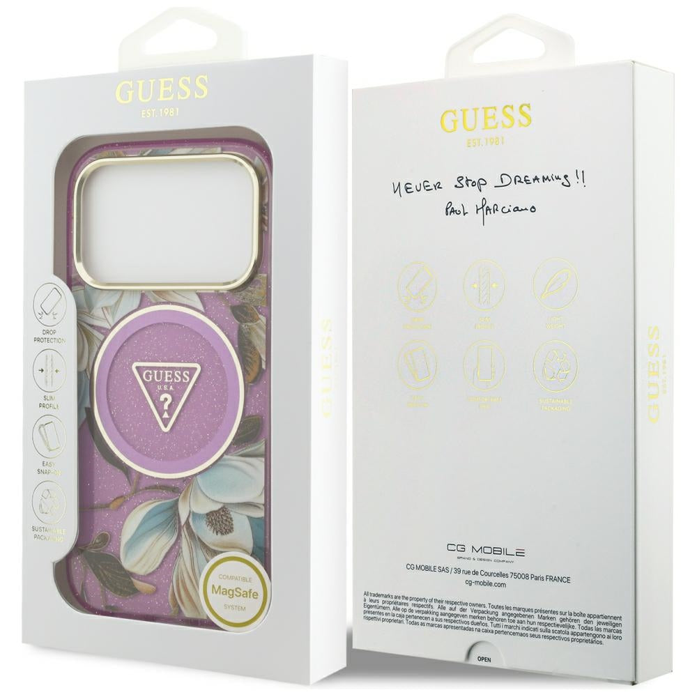 Guess iPhone 17 Pro/iPhone 18 Pro Kuori Glitter Flowers Violetti