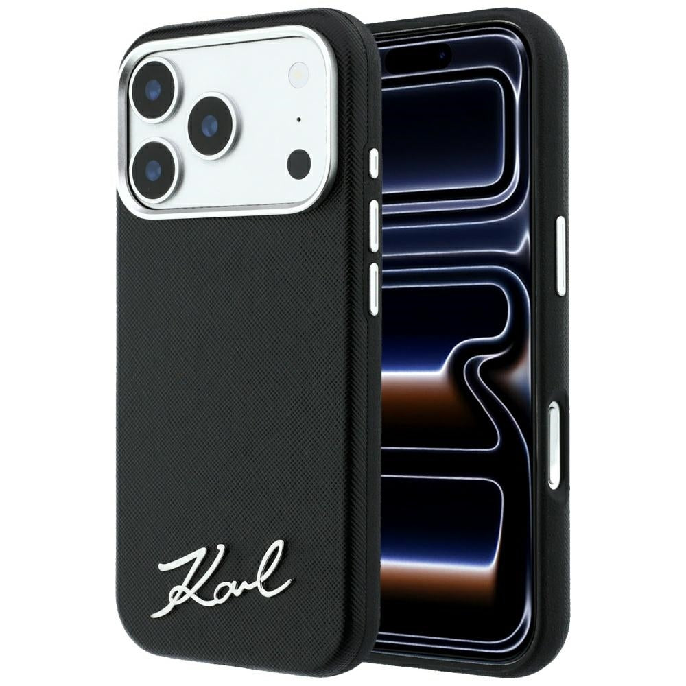 Karl Lagerfeld iPhone 17 Pro Max/iPhone 18 Pro Max -kuori Saffiano Script Logo Musta