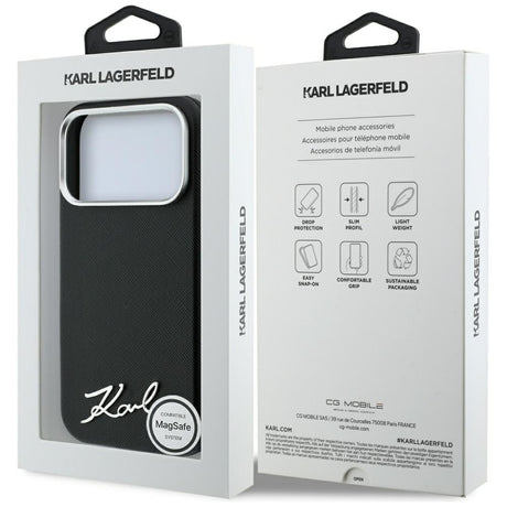 Karl Lagerfeld iPhone 17 Pro Max/iPhone 18 Pro Max -kuori Saffiano Script Logo Musta