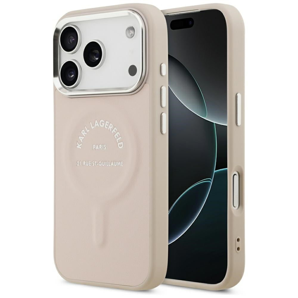 Karl Lagerfeld iPhone 17 Pro/iPhone 18 Pro Kuori Kohokuvioitu Rengas RSG-logo Vaaleanpunainen