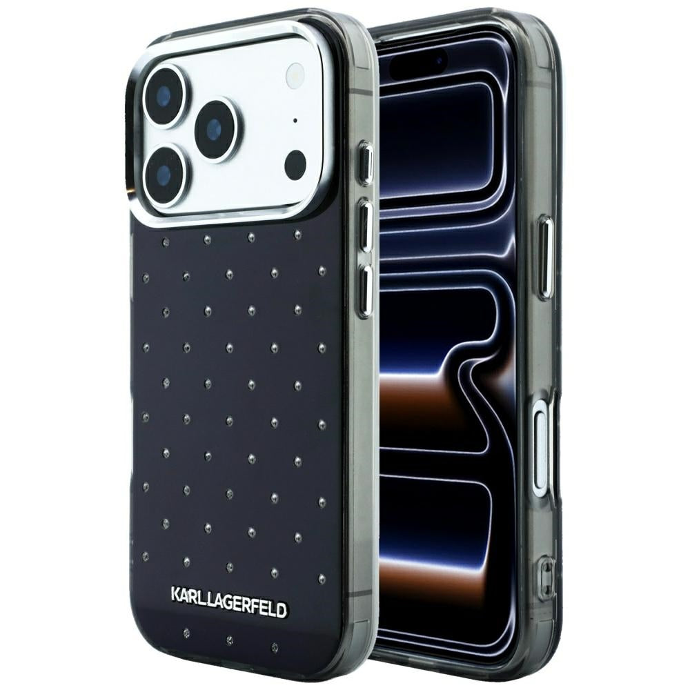 Karl Lagerfeld iPhone 17 Pro Max/iPhone 18 Pro Max Kuori strasseilla, galvanoitu logo, Musta