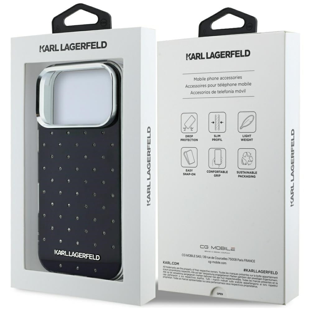 Karl Lagerfeld iPhone 17 Pro Max/iPhone 18 Pro Max Kuori strasseilla, galvanoitu logo, Musta