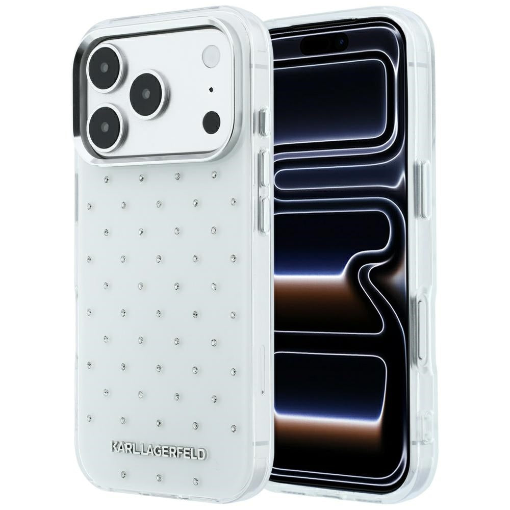 Karl Lagerfeld iPhone 17 Pro/iPhone 18 Pro -kuori, strassit, galvanisoitu logo, Valkoinen