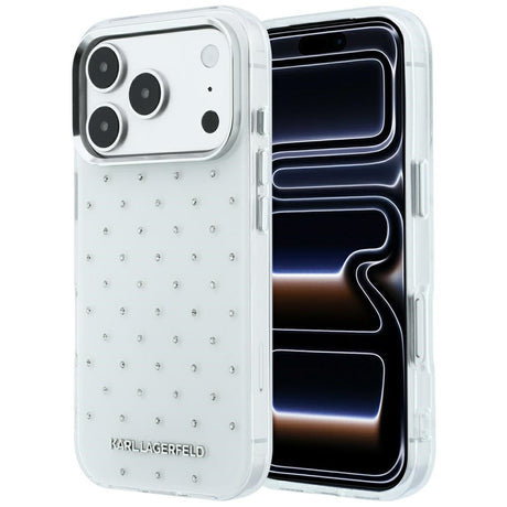 Karl Lagerfeld iPhone 17 Pro/iPhone 18 Pro -kuori, strassit, galvanisoitu logo, Valkoinen
