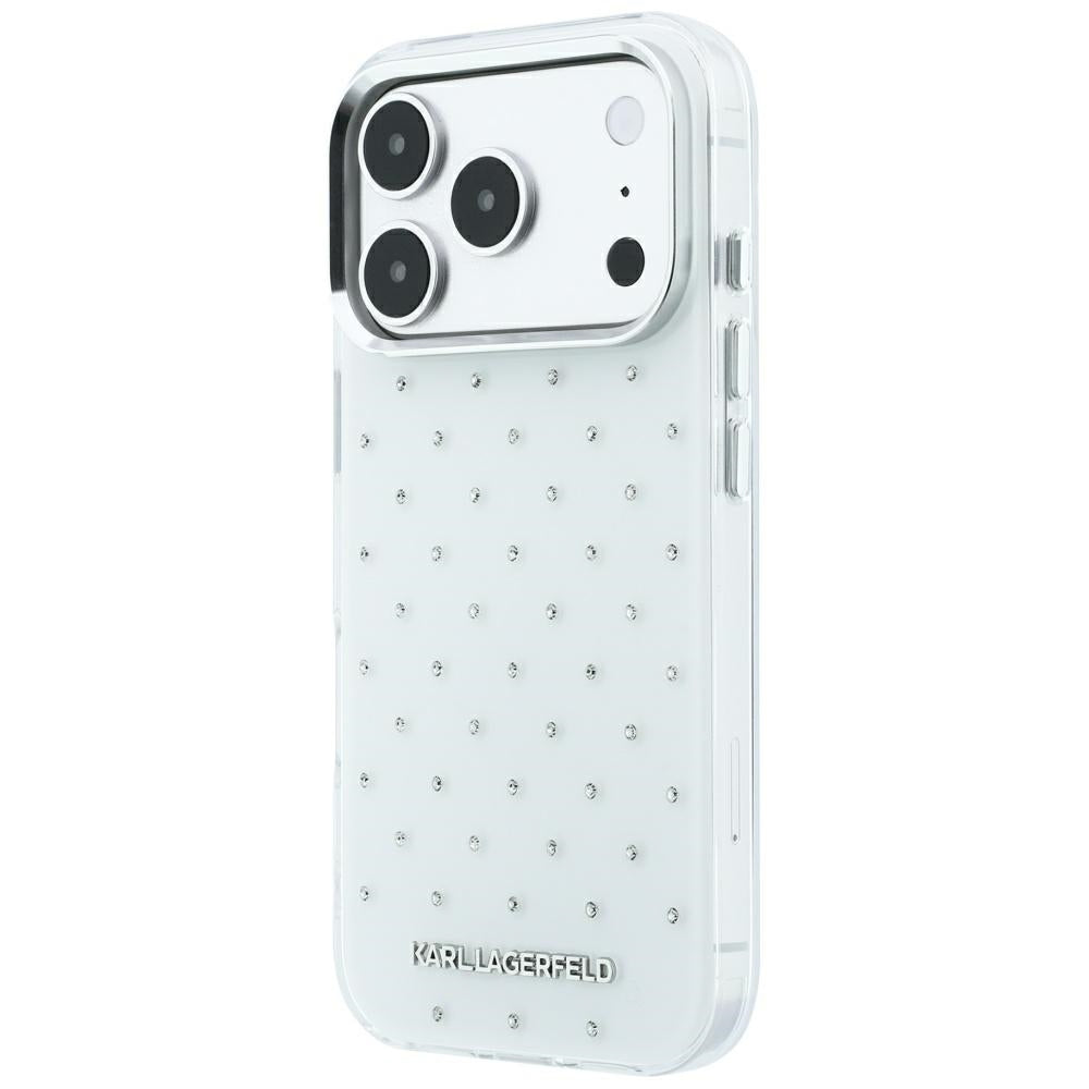 Karl Lagerfeld iPhone 17 Pro/iPhone 18 Pro -kuori, strassit, galvanisoitu logo, Valkoinen