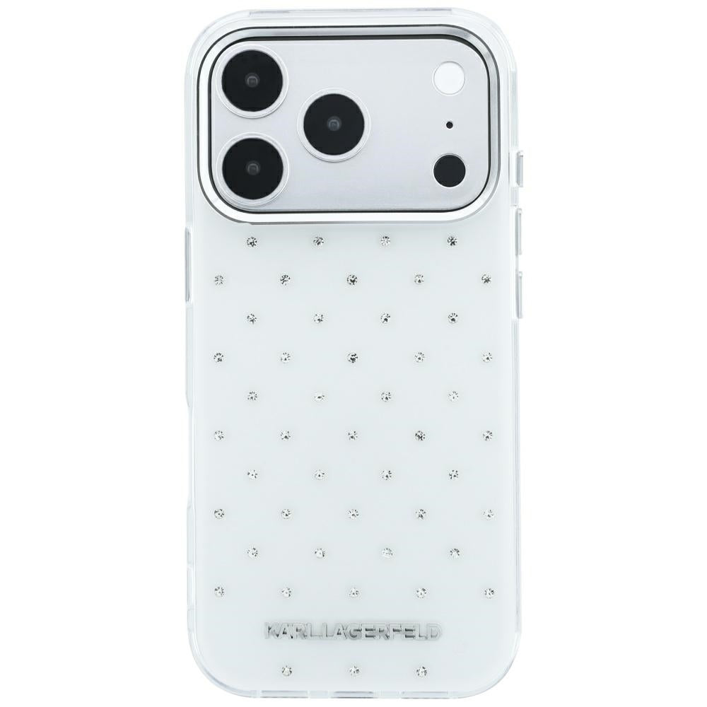 Karl Lagerfeld iPhone 17 Pro/iPhone 18 Pro -kuori, strassit, galvanisoitu logo, Valkoinen