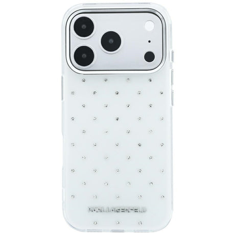 Karl Lagerfeld iPhone 17 Pro/iPhone 18 Pro -kuori, strassit, galvanisoitu logo, Valkoinen
