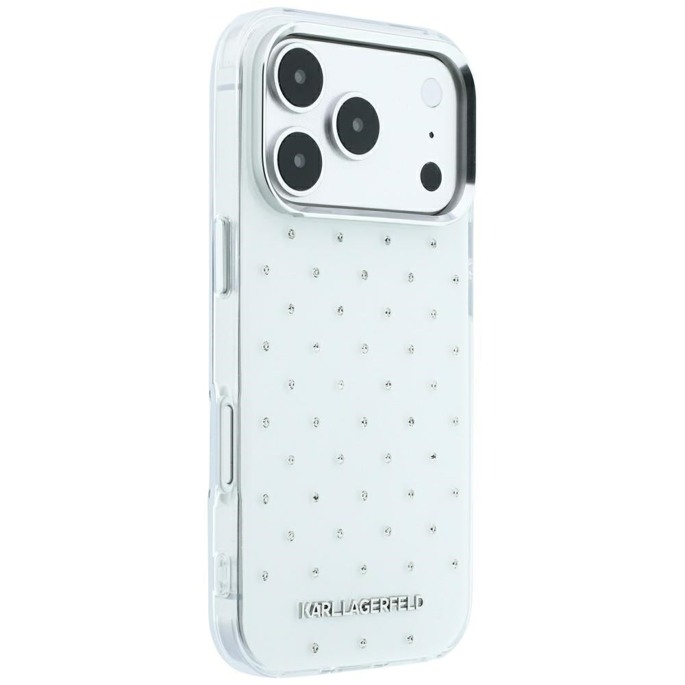 Karl Lagerfeld iPhone 17 Pro/iPhone 18 Pro -kuori, strassit, galvanisoitu logo, Valkoinen