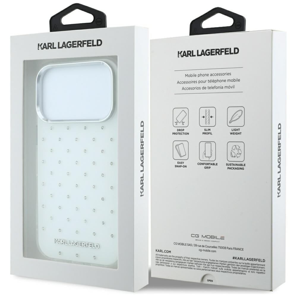 Karl Lagerfeld iPhone 17 Pro/iPhone 18 Pro -kuori, strassit, galvanisoitu logo, Valkoinen
