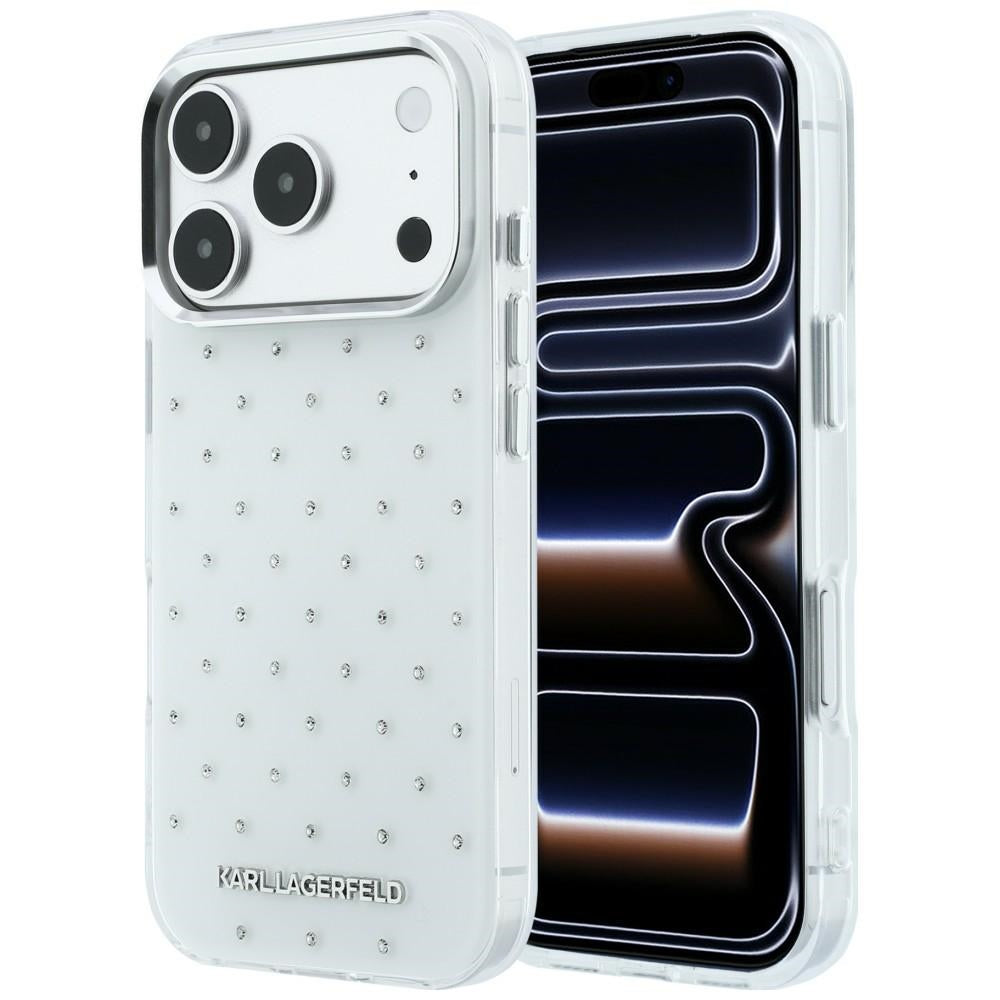 Karl Lagerfeld iPhone 17 Pro Max/iPhone 18 Pro Max Kuori strasseilla, galvanisoitu logo Valkoinen