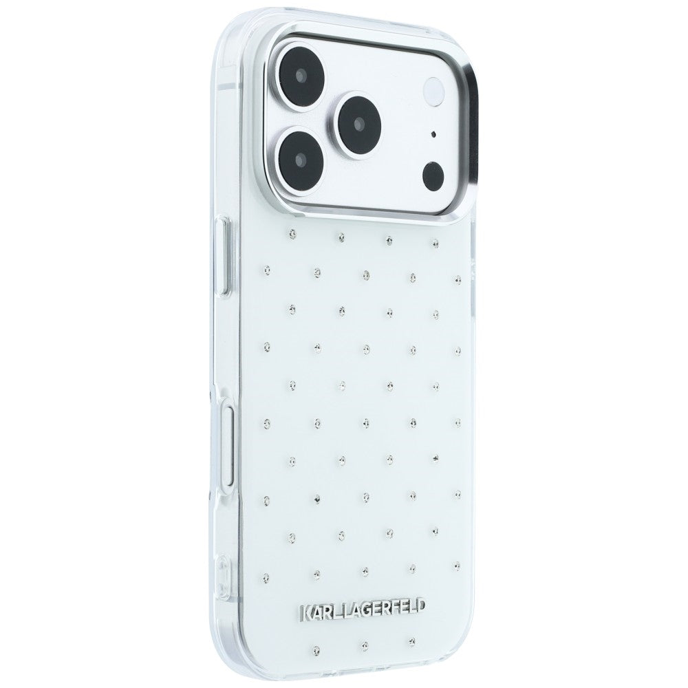 Karl Lagerfeld iPhone 17 Pro Max/iPhone 18 Pro Max Kuori strasseilla, galvanisoitu logo Valkoinen